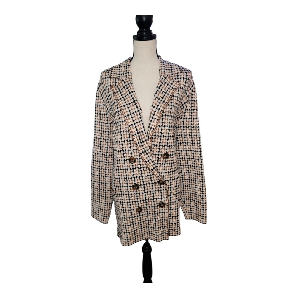 Abbott Elementary Cardigan Womens Plus Size 1X Brown Houndstooth Double Breasted